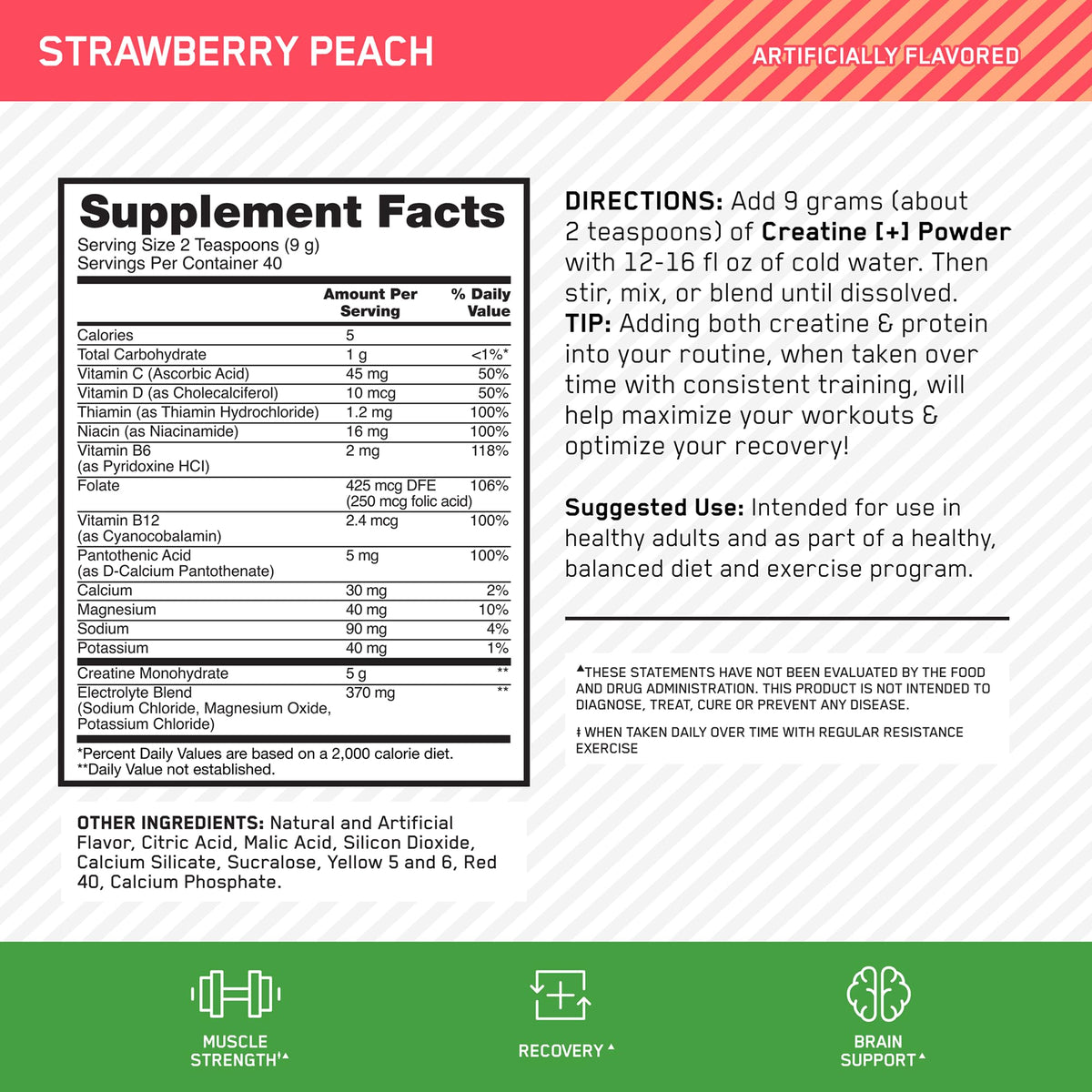 Optimum Nutrition Creatine Monohydrate Plus Powder, Strawberry Peach Flavored Creatine Performance Blend, with Electrolytes for Hydration, Added Vitamins - Maple Wellness Supplements