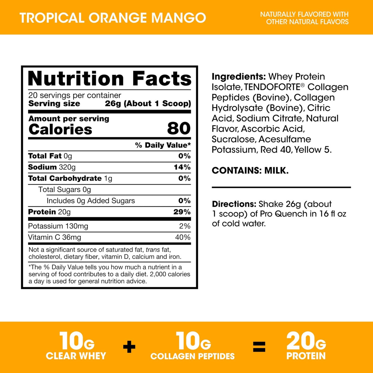 Optimum Nutrition Pro Quench, 10g Clear Protein, 10g Collagen peptides & Electrolyte Powder Drink Mix, Tropical Orange Mango, 20 Servings, - Maple Wellness Supplements