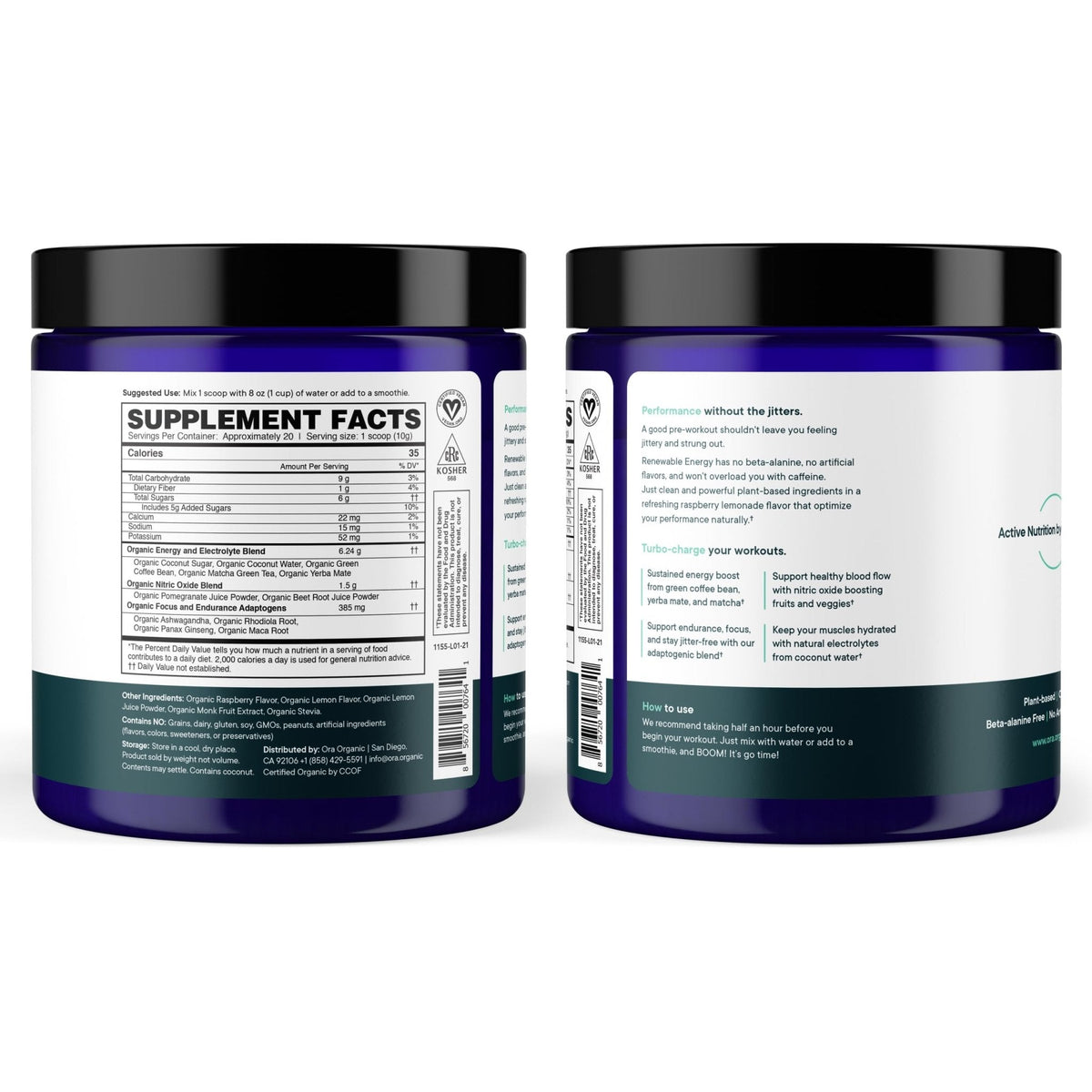 Ora Organic Natural Pre Workout Powder - Raspberry Lemonade Flavor- Provides Jitter Free Energy, Focus, Hydration, & Endurance - Vegan, Certified Organic, Soy, Dairy, & Gluten Free, 20 Servings - Maple Wellness Supplements