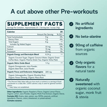 Ora Organic Natural Pre Workout Powder - Raspberry Lemonade Flavor- Provides Jitter Free Energy, Focus, Hydration, & Endurance - Vegan, Certified Organic, Soy, Dairy, & Gluten Free, 20 Servings - Maple Wellness Supplements