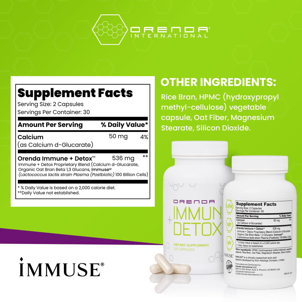 Orenda Immune + Detox - Specialized Formula with Calcium d-Glucarate, Beta 1,3 Glucans & IMMUSE® for Wellness and Balance - 120 Capsules - Maple Wellness Supplements
