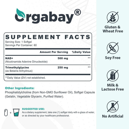 Orgabay Liposomal NAD+ Supplement 500 mg, High Absorption, Boost NAD+ with TMG 250 mg, Actual NAD Plus More Efficient Than Nicotinamide Riboside, Support Cellular Energy, Healthy Aging | 180 Softgels - Maple Wellness Supplements