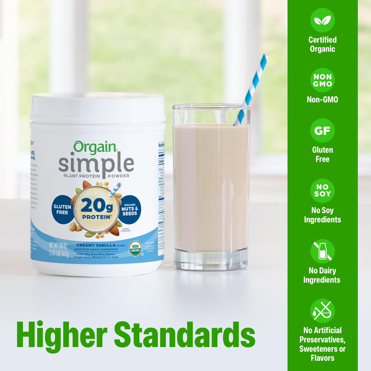 Orgain Organic Simple Vegan Protein Powder, Vanilla - 20g Plant Based Protein, Made with less Ingredients, No Artificial Sweeteners, Gluten Free, No Dairy or Lactose, 1.25 lb (Packaging May Vary) - Maple Wellness Supplements