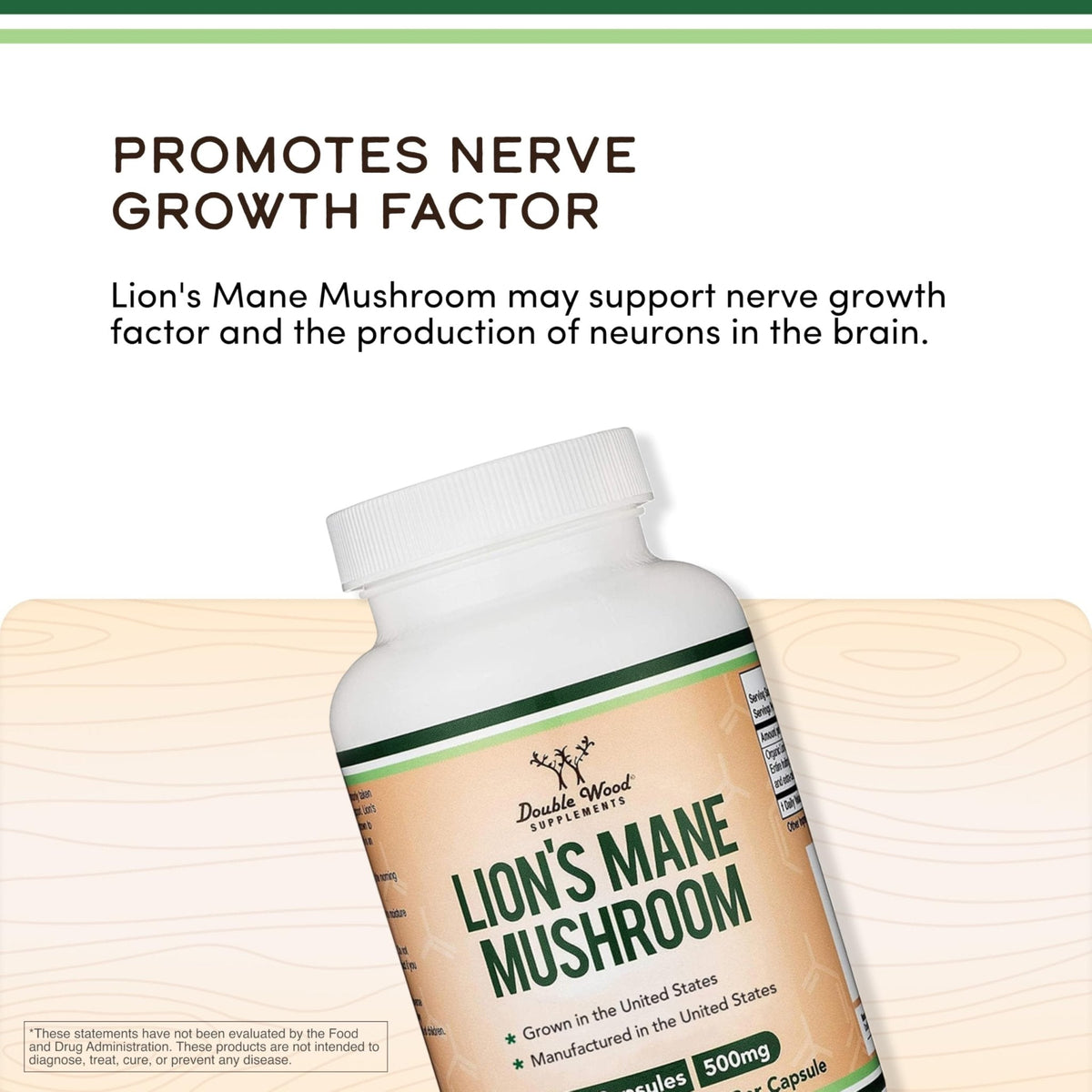 Organic Lions Mane Mushroom Capsules (120 Count), for Focus Support and Immune Health, Third Party Tested and Grown in The USA - by Double Wood - Maple Wellness Supplements