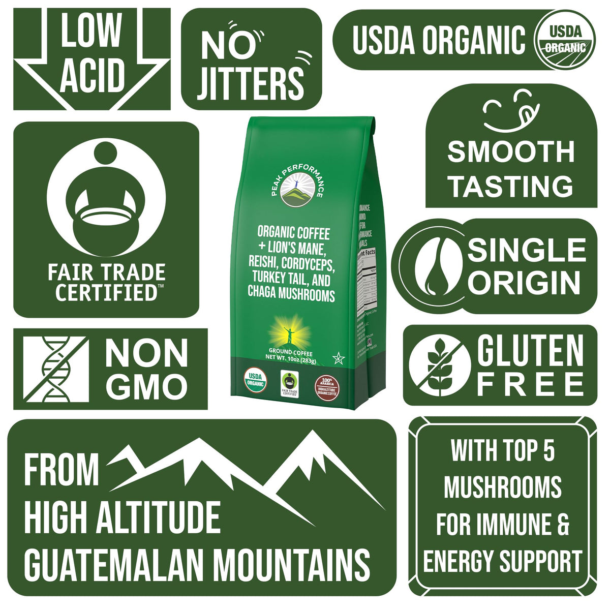Organic Low Acid Mushroom Coffee with Lion's Mane, Reishi, Cordyceps, Turkey Tail, and Chaga Mushrooms - Great Tasting Premium High Altitude Medium Roast Ground Bags 10 oz by Peak Performance - Maple Wellness Supplements