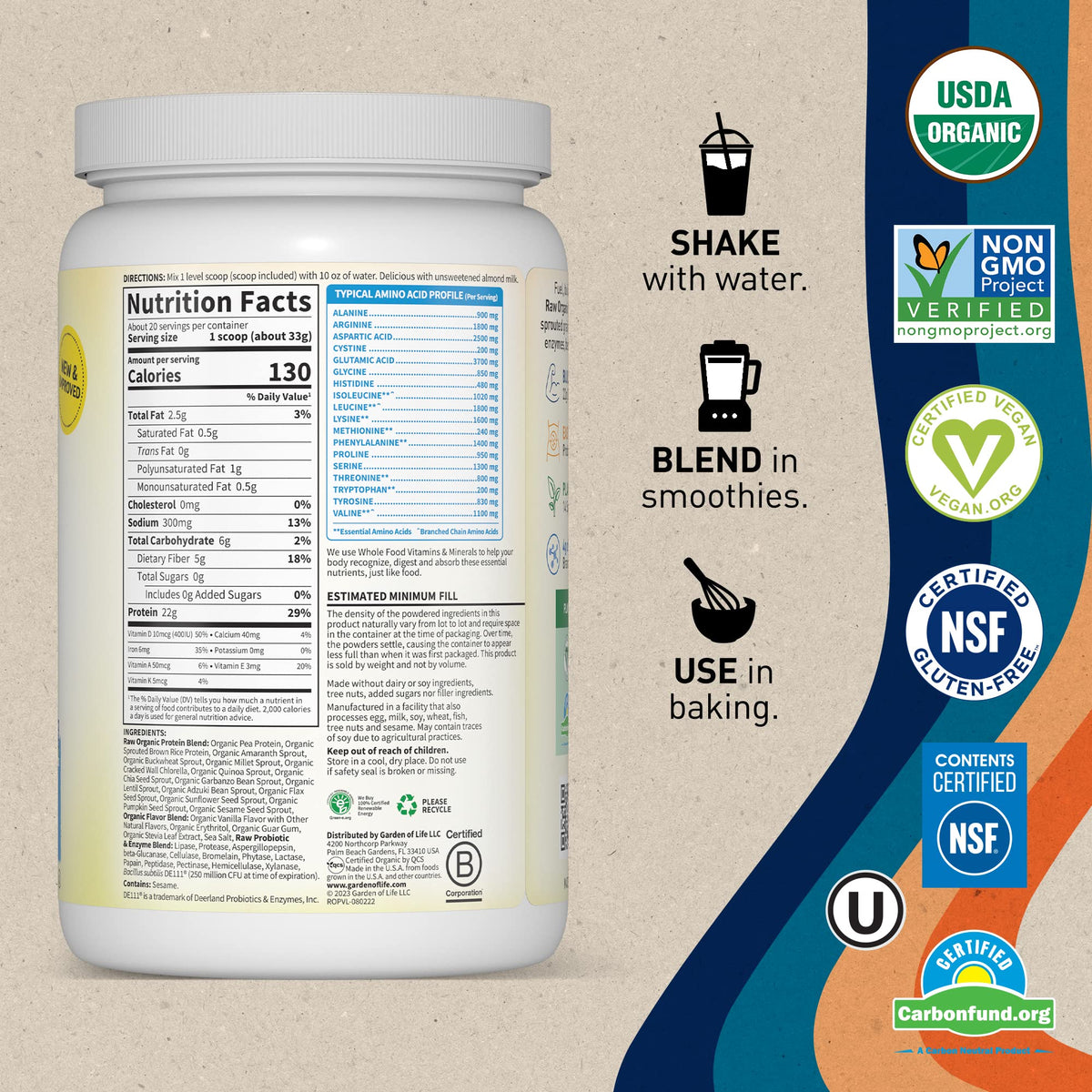 Organic Vegan Vanilla Protein Powder - Garden of Life – 22g Complete Plant Based Raw - Maple Wellness Supplements