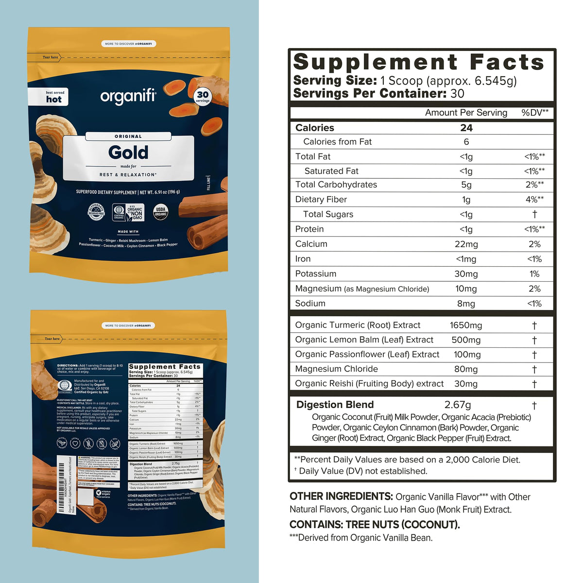 Organifi: Gold - Superfood Supplement Powder- 90 Servings (3 Pack) - Stress Support - Maple Wellness Supplements