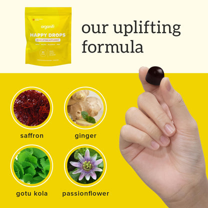 Organifi Happy Drops - Daily Superfood Happy Gummies for Adults - Mood Support Supplement for Balance, Bliss, Energy and Taking the Edge Off - Sweet Lemon Flavor - 60 Gummies - Maple Wellness Supplements