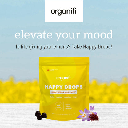 Organifi Happy Drops - Daily Superfood Happy Gummies for Adults - Mood Support Supplement for Balance, Bliss, Energy and Taking the Edge Off - Sweet Lemon Flavor - 60 Gummies - Maple Wellness Supplements