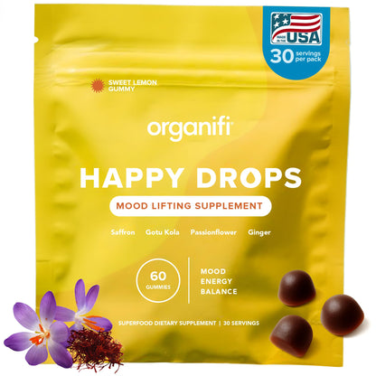 Organifi Happy Drops - Daily Superfood Happy Gummies for Adults - Mood Support Supplement for Balance, Bliss, Energy and Taking the Edge Off - Sweet Lemon Flavor - 60 Gummies - Maple Wellness Supplements