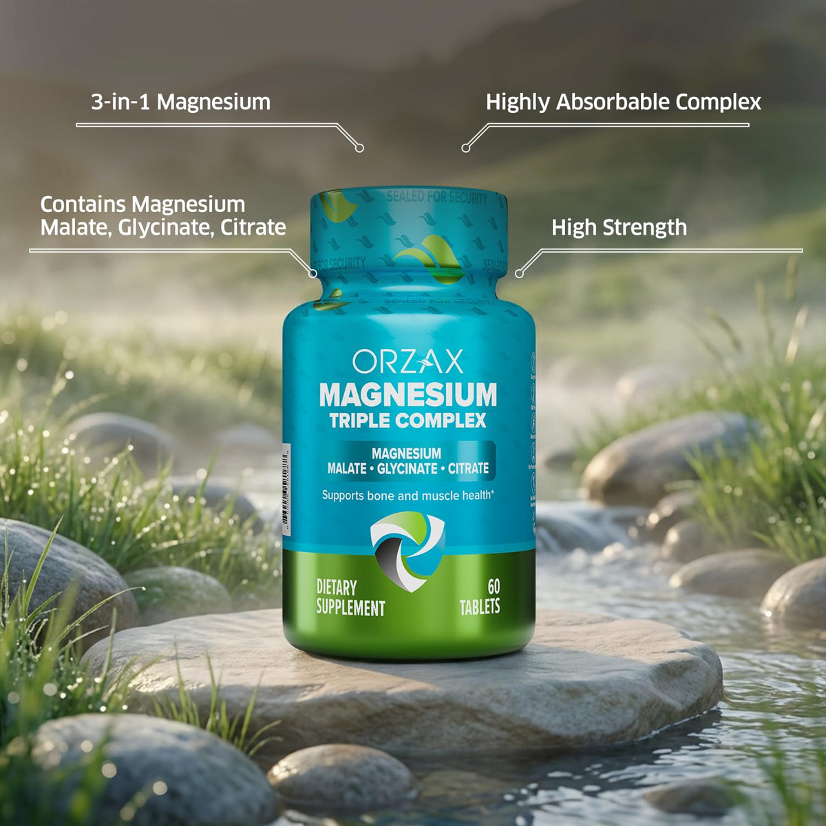 ORZAX Magnesium Triple Complex | Magnesium Glycinate, Citrate, Malate | Vegan, Gluten Free, Dairy Free, Halal | 200 mg of Triple Complex Magnesium for Muscles & Energy for Women and Men | 60 Tablets - Maple Wellness Supplements
