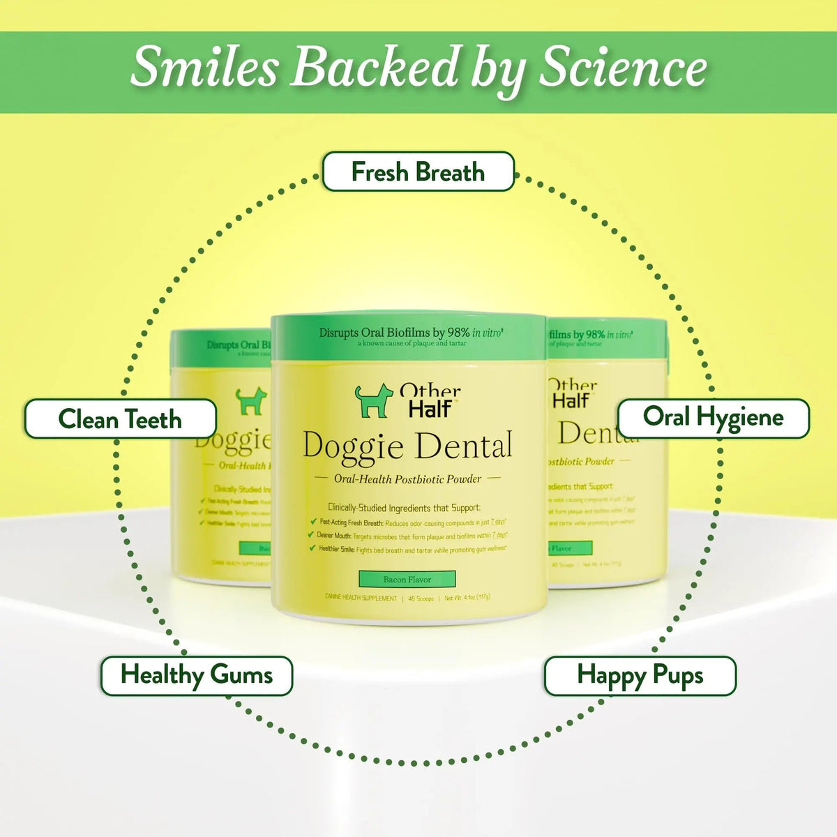 OTHER HALF Doggie Dental Supplement Powder - Dog Breath Freshener & Teeth Cleaning Made Easy - Oral Health Postbiotic for Dogs - Targets Tartar, Plaque & Bad Breath | 45 Scoops, Bacon Flavor - Maple Wellness Supplements