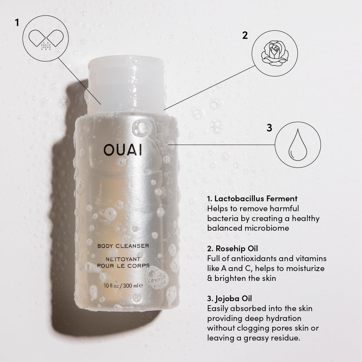 OUAI Body Cleanser, Dean Street - Foaming Body Wash with Jojoba Oil and Rosehip Oil to Hydrate, Nurture, Balance and Soften Skin - Paraben, Phthalate and Sulfate Free Skin Care Products (10 Fl Oz) - Maple Wellness Supplements