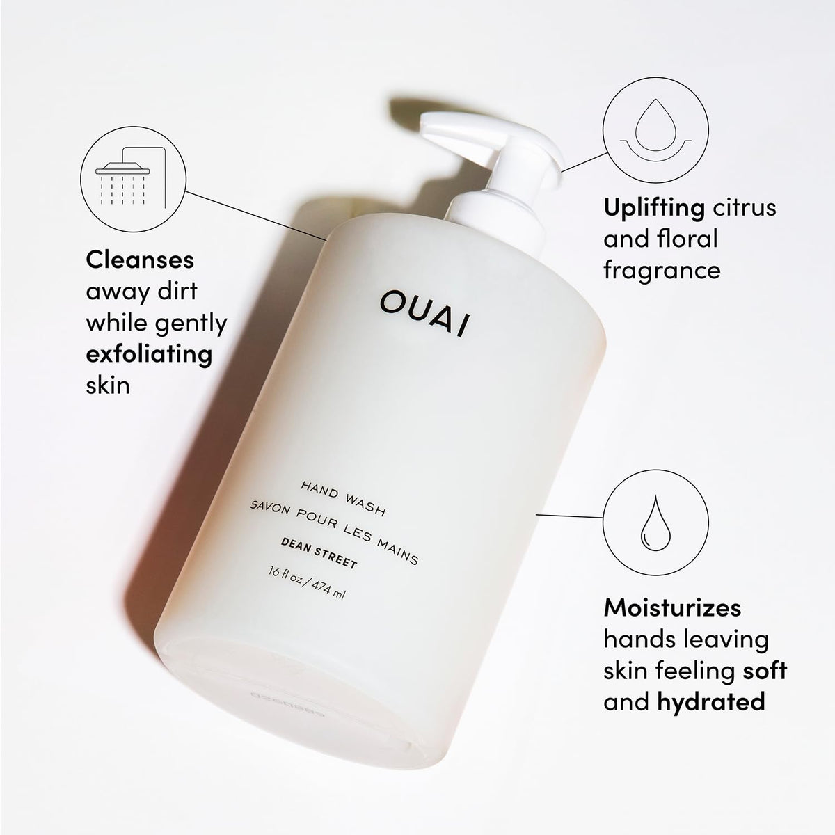 OUAI Hand Wash, Dean Street - Liquid Hand Soap with Jojoba, Avocado, & Rose Hip Oil for Replenished Skin - Gentle Exfoliating Kitchen & Bathroom Soap (16 Fl Oz) - Maple Wellness Supplements