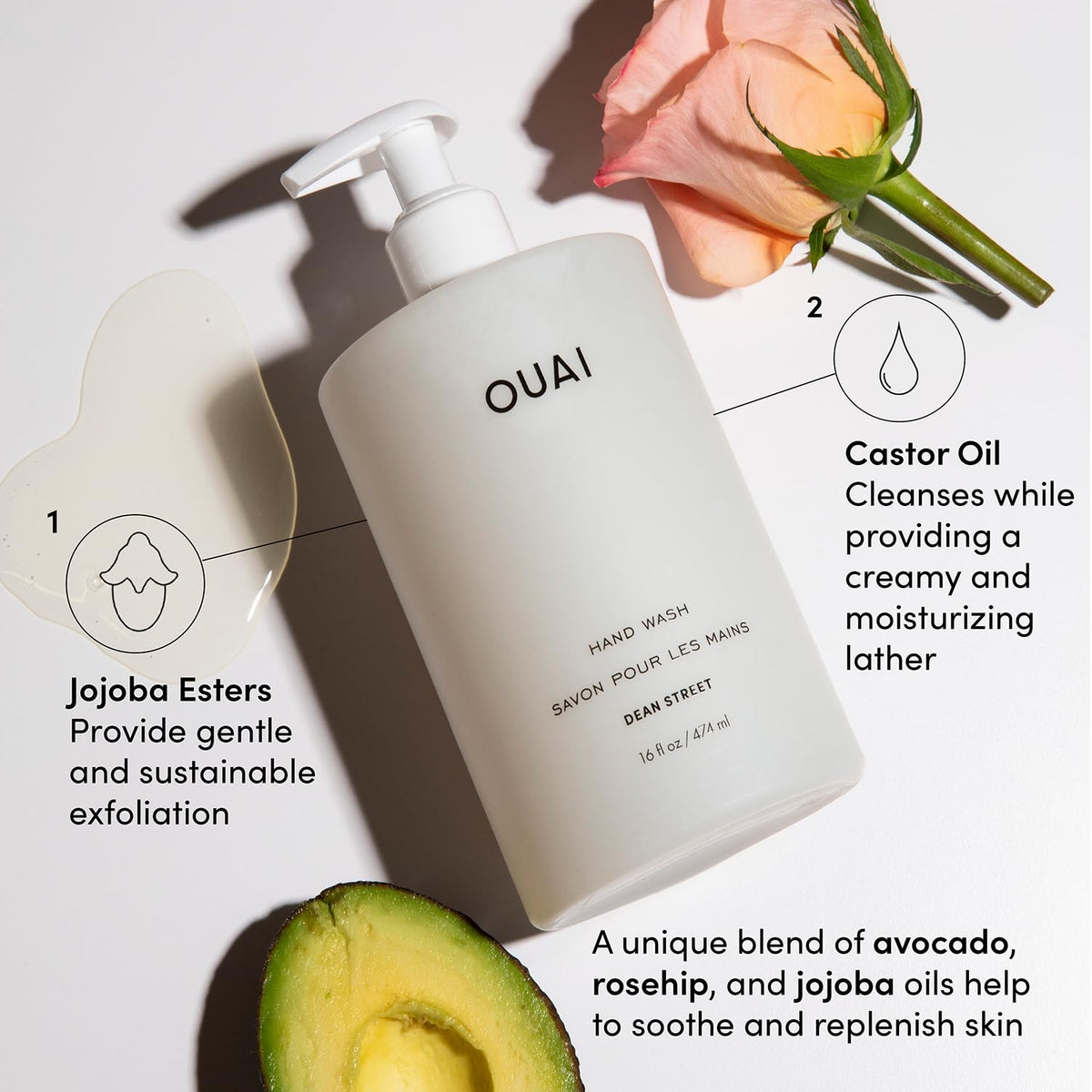 OUAI Hand Wash Full Size, Dean Street - Liquid Hand Soap with Jojoba, Avocado, & Rose Hip Oil for Replenished Skin - Gentle Exfoliating Kitchen & Bathroom Soap - (2 Pack, 16 Fl Oz Each) - Maple Wellness Supplements