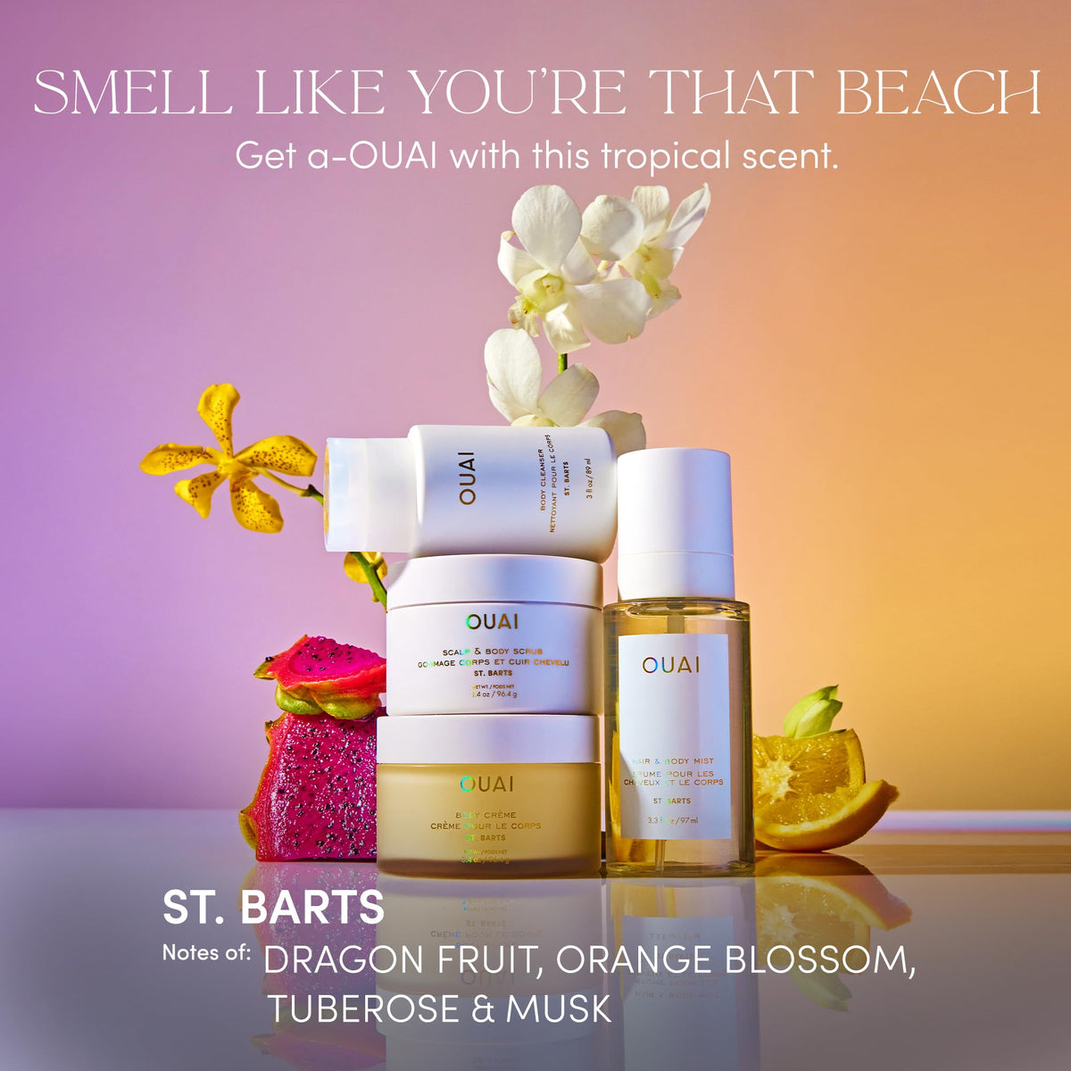 OUAI St. Barts Travel Bundle - Includes Travel Size Scalp & Body Scrub, Foaming Shower Gel, Hydrating Cream, and Hair & Body Mist (4 Count, 3.4 Oz/3.4 Oz/3 Oz/3.3 Oz) - Maple Wellness Supplements