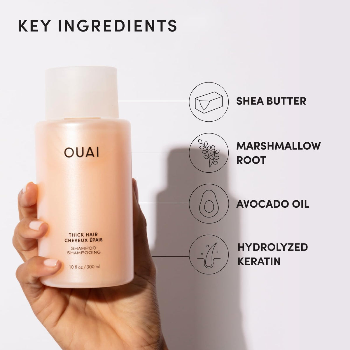 OUAI Thick Shampoo - Moisturizing Shampoo with Keratin, Marshmallow Root, Shea Butter, Avocado Oil for Thick Hair - Strengthens & Hydrates Strands - Paraben, Phthalate & Sulfate Free (10 Fl Oz) - Maple Wellness Supplements