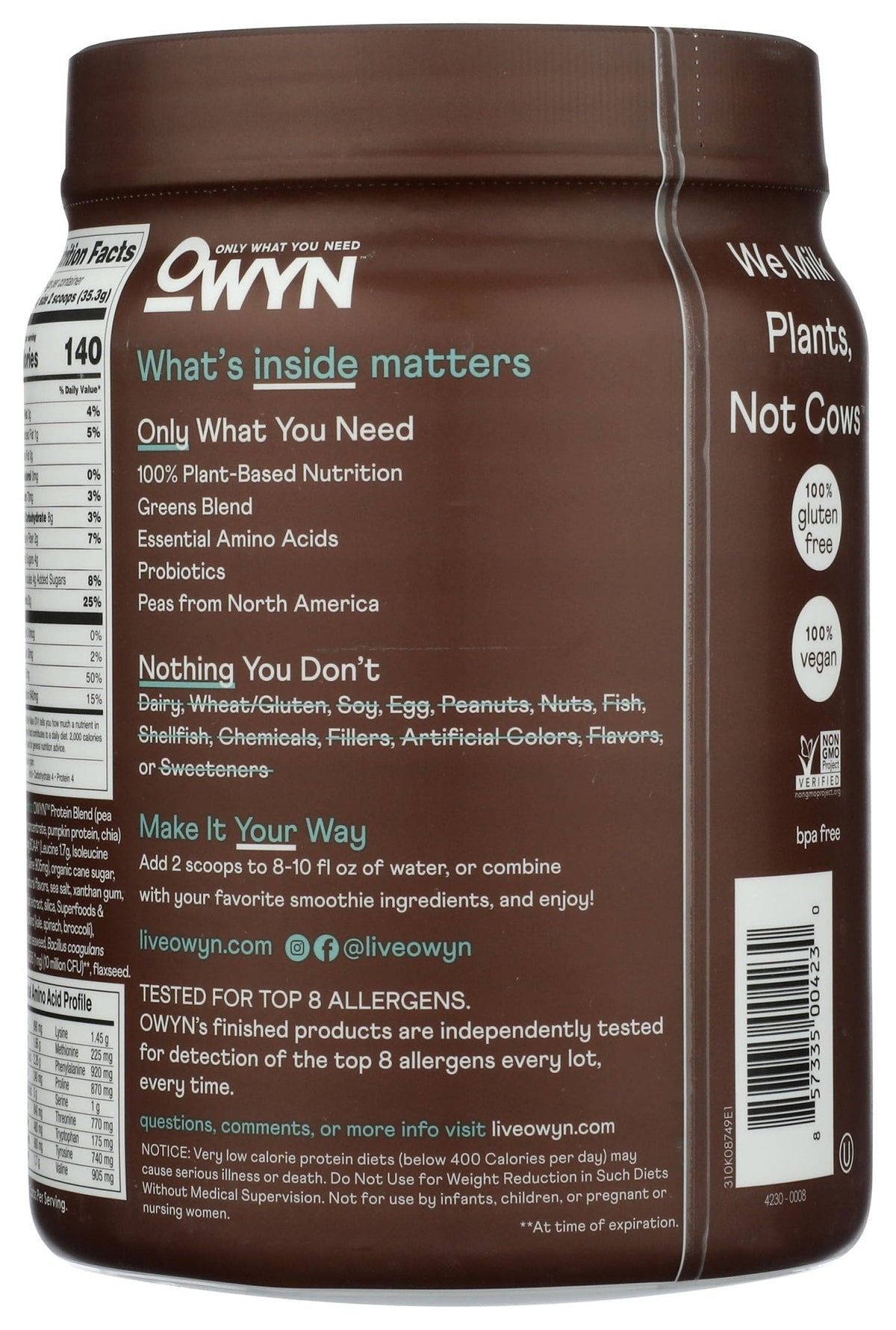 OWYN Only What You Need Plant-Based Protein Powder, Dark Chocolate, 1.17 lbs - Maple Wellness Supplements