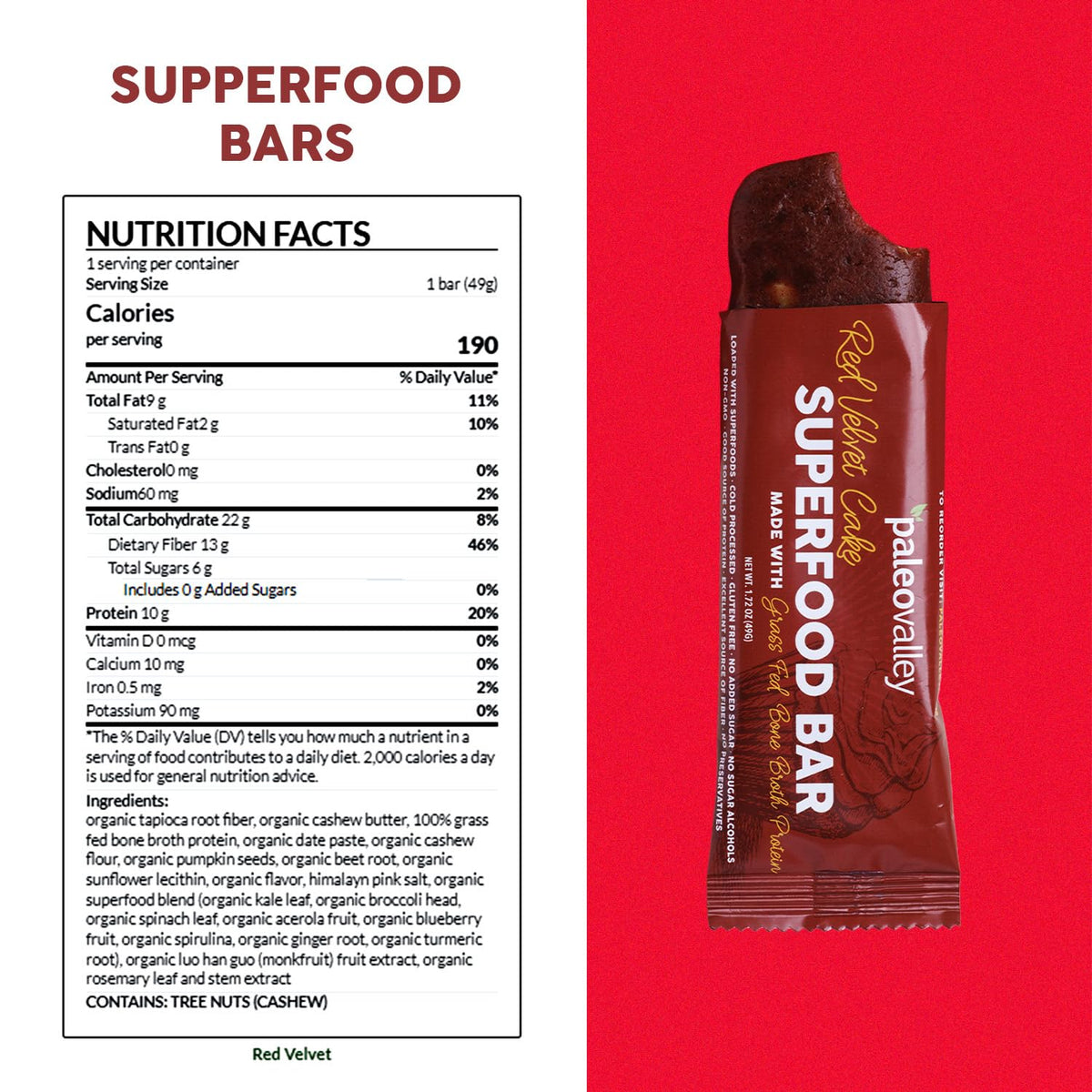 Paleovalley Superfood Bars – Red Velvet– 10 Pack – 9g Protein per Bar – Gluten-Free, Grain-Free, Paleo, Non-GMO – On-the-Go Snack - Maple Wellness Supplements