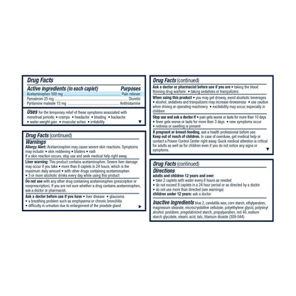 Pamprin Multi-Symptom Formula, with Acetaminophen, Menstrual Period Symptoms Relief including Cramps, Pain, Irritability and Bloating, 40 Caplets (Pack of 5) - Maple Wellness Supplements