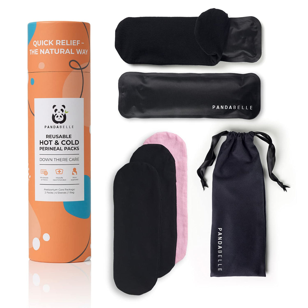 Pandabelle Hot & Cold Reusable Perineal Ice Pack with 4 Washable Cotton Sleeves & Carry Bag for Postpartum Perineal Pain, Hemorrhoids, C-Section Scar, Breastfeeding, Post-Waxing Hair Removal & More - Maple Wellness Supplements