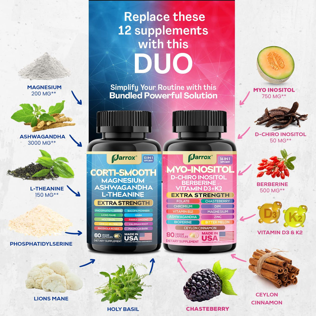 Parrox Cortisol & Myo-Inositol Supplement Bundle, Soothe & Smooth Bundle, 13-in-1 Cortisol Balance, Magnesium, Ashwagandha, L-Theanine, D-Chiro Inositol, Folate, Berberine, Chasteberry (150 Capsules) - Maple Wellness Supplements