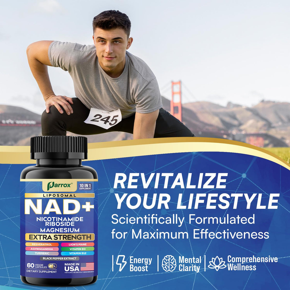 Parrox NAD+ Supplement with Liposomal NAD+, Nicotinamide Riboside, Magnesium, Vitamin B3 & B12, Resveratrol, Turmeric, Ashwagandha, Lion’s Mane,10-in-1 Extra Strength - Maple Wellness Supplements