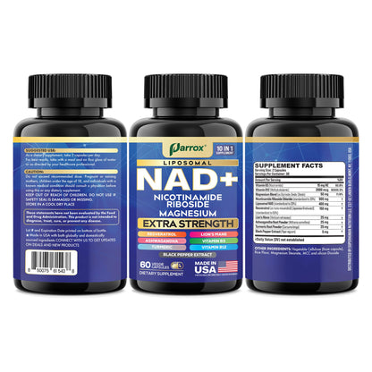 Parrox NAD+ Supplement with Liposomal NAD+, Nicotinamide Riboside, Magnesium, Vitamin B3 & B12, Resveratrol, Turmeric, Ashwagandha, Lion’s Mane,10-in-1 Extra Strength - Maple Wellness Supplements