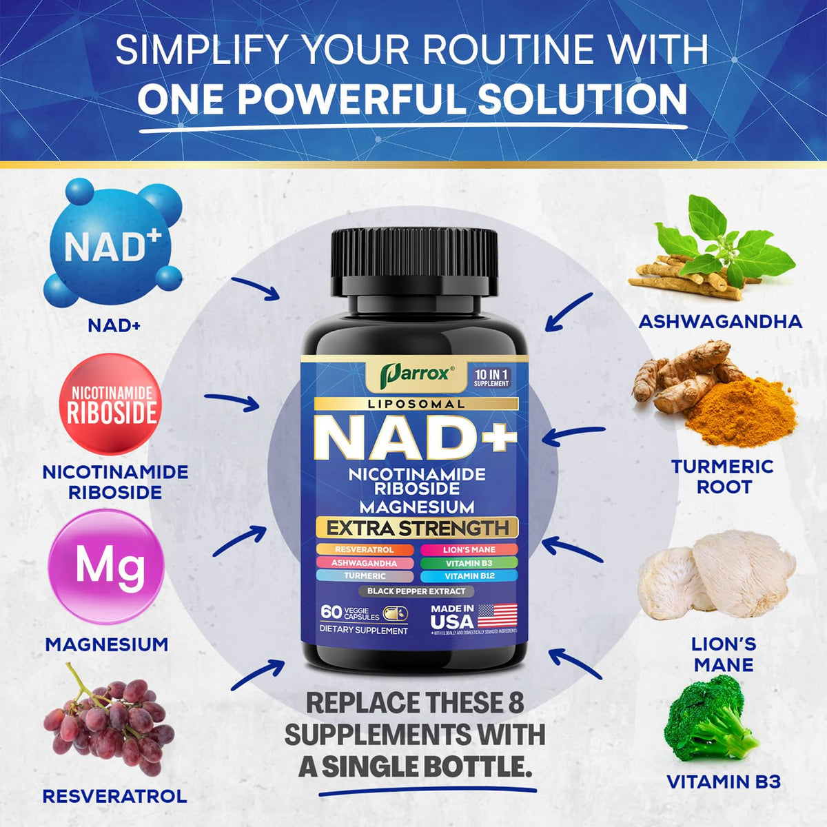 Parrox NAD+ Supplement with Liposomal NAD+, Nicotinamide Riboside, Magnesium, Vitamin B3 & B12, Resveratrol, Turmeric, Ashwagandha, Lion’s Mane,10-in-1 Extra Strength - Maple Wellness Supplements