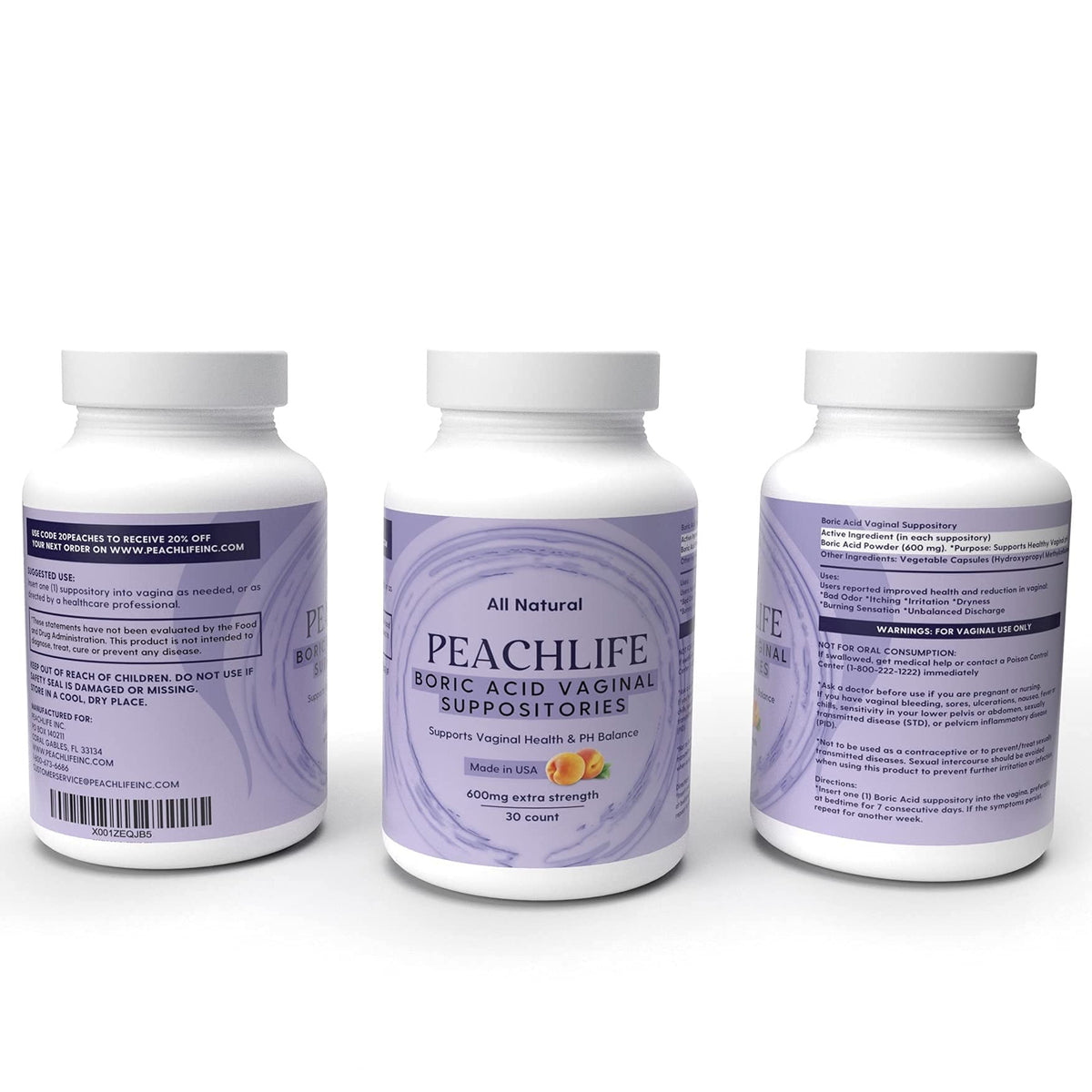Peachlife Boric Acid Suppositories in Vegetable Capsules - USA Made - Vaginal pH - Maple Wellness Supplements