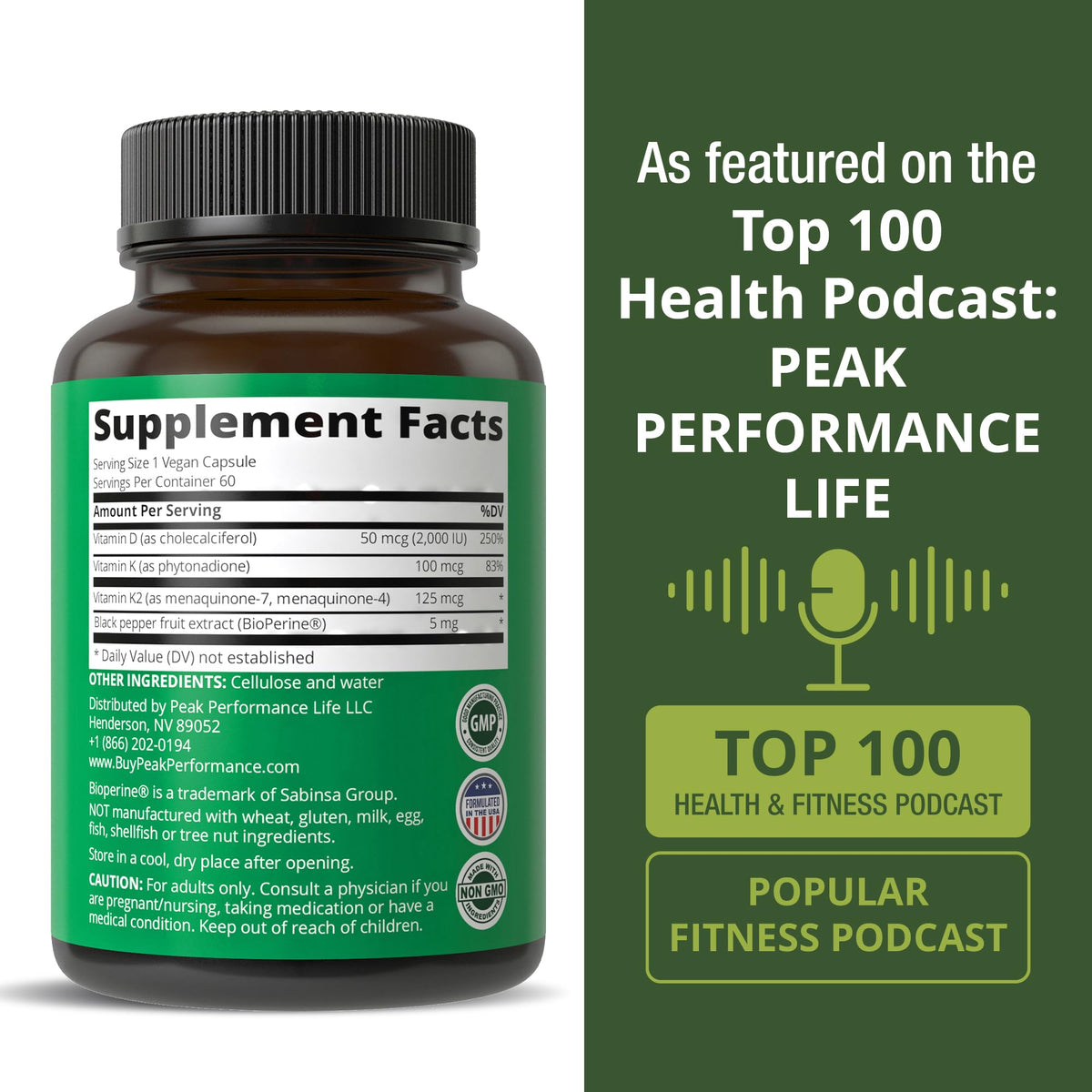 Peak Performance Advanced Vitamin D 2000 IU with All 3 Types of Vitamin K Vitamin D3 and Vitamin K2, K1, MK-7 (MK7), MK4 Supplements - 60 Small and Easy to Swallow Vegetable Pills - Maple Wellness Supplements