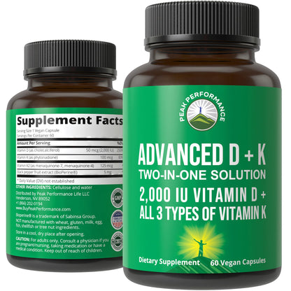 Peak Performance Advanced Vitamin D 2000 IU with All 3 Types of Vitamin K Vitamin D3 and Vitamin K2, K1, MK-7 (MK7), MK4 Supplements - 60 Small and Easy to Swallow Vegetable Pills - Maple Wellness Supplements