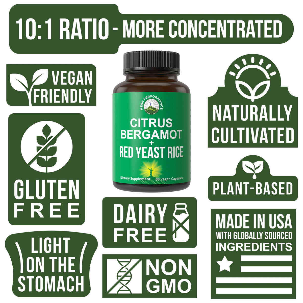 Peak Performance Citrus Bergamot + Red Yeast Rice. 2-in-1 Supplement. High Strength 10:1 Bergamot Extract. No Gluten, Zero Sugar, Vegan Capsules - Maple Wellness Supplements