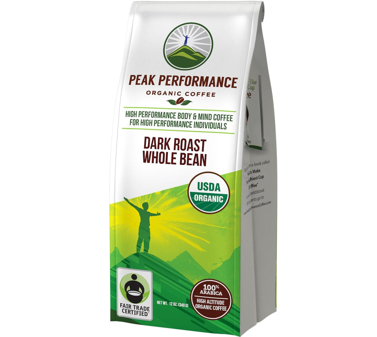 Peak Performance High Altitude Organic Coffee - Fair Trade, Low Acid, Non GMO, and Beans Full of Antioxidants - Dark Roast Smooth Tasting USDA Certified Organic Whole Bean Coffee Bag 12 oz - Maple Wellness Supplements