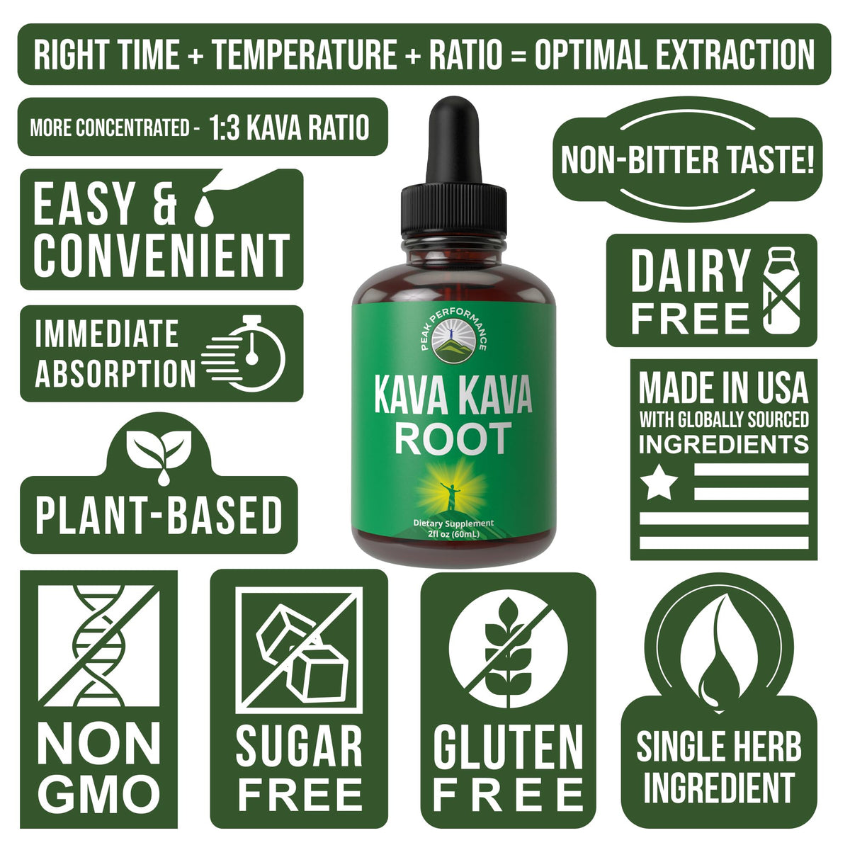 Peak Performance Kava Kava Root Extract Calming Liquid Drops More Concentrated - 1:3 Extraction Ratio. Vegan Supplement Aid for Relaxation, Natural Sleep. Sugar Free Gluten Free USA Tested Tincture - Maple Wellness Supplements