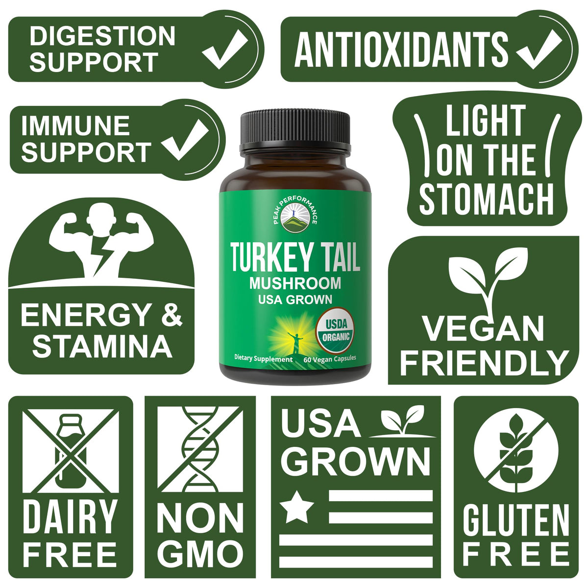 Peak Performance Organic Turkey Tail Capsules - USA Grown Made with Real Turkey Tail Mushroom. Immune System Support Naturally Harvested Mushroom Supplements for Immunity. Vegan Supplement Extract - Maple Wellness Supplements