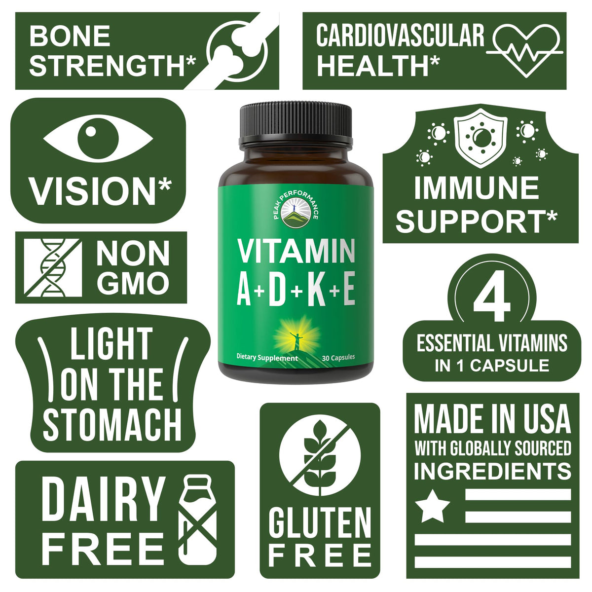 Peak Performance Vitamins D 5,000 iu + A + K + E All in 1 Easy to Swallow Vegan Capsule. ADK Vitamin Supplement with E D3 K2. Essential Vitamins for Mood - Maple Wellness Supplements