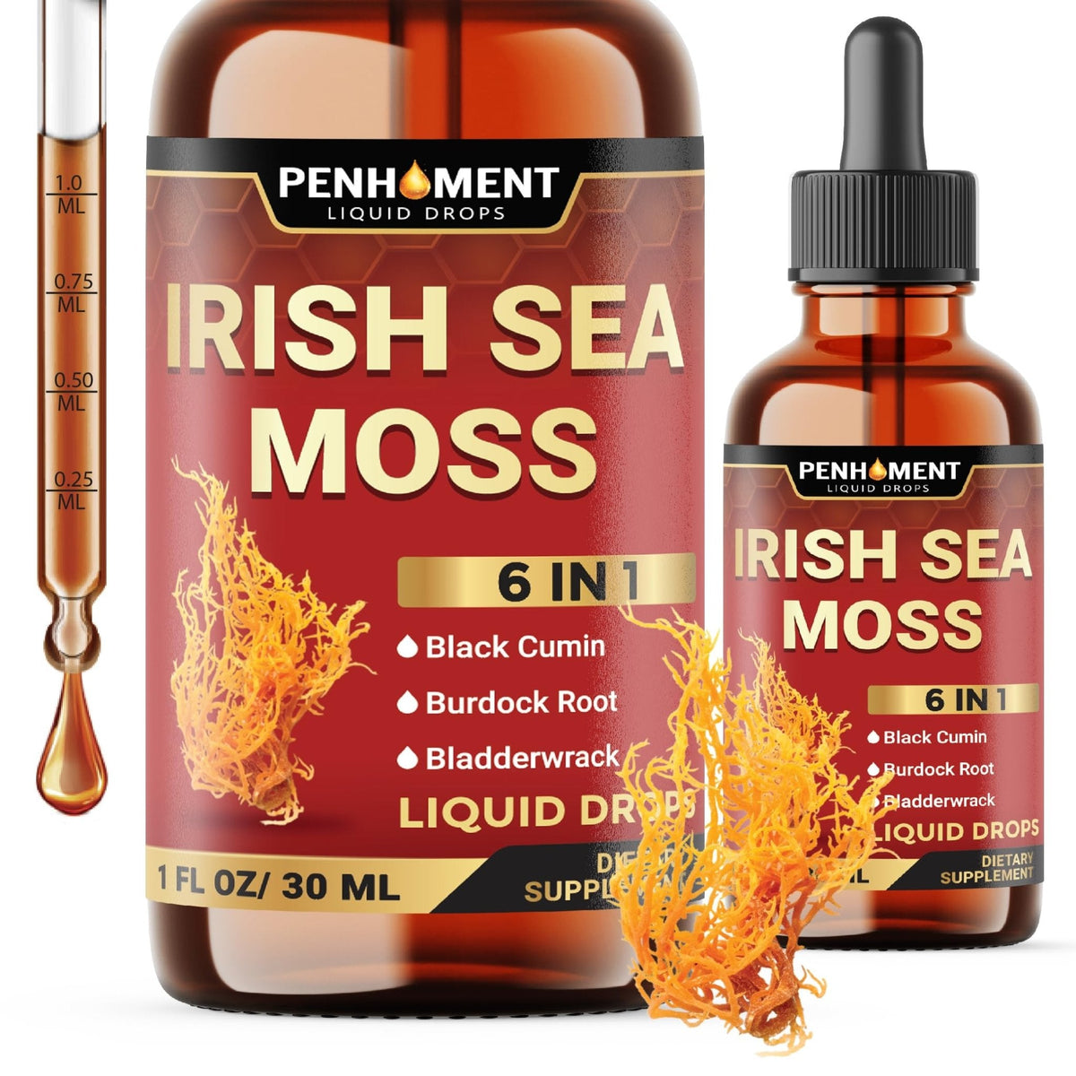 Penhoment 6in1 Sea Moss Drops with Black Seed Oil Irish Seamoss, Ashwagandha, Burdock Root & Bladderwrack - 1FL Oz - 30 Day Supply - Maple Wellness Supplements