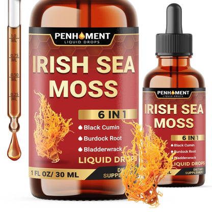 Penhoment 6in1 Sea Moss Drops with Black Seed Oil Irish Seamoss, Ashwagandha, Burdock Root & Bladderwrack - 1FL Oz - 30 Day Supply - Maple Wellness Supplements
