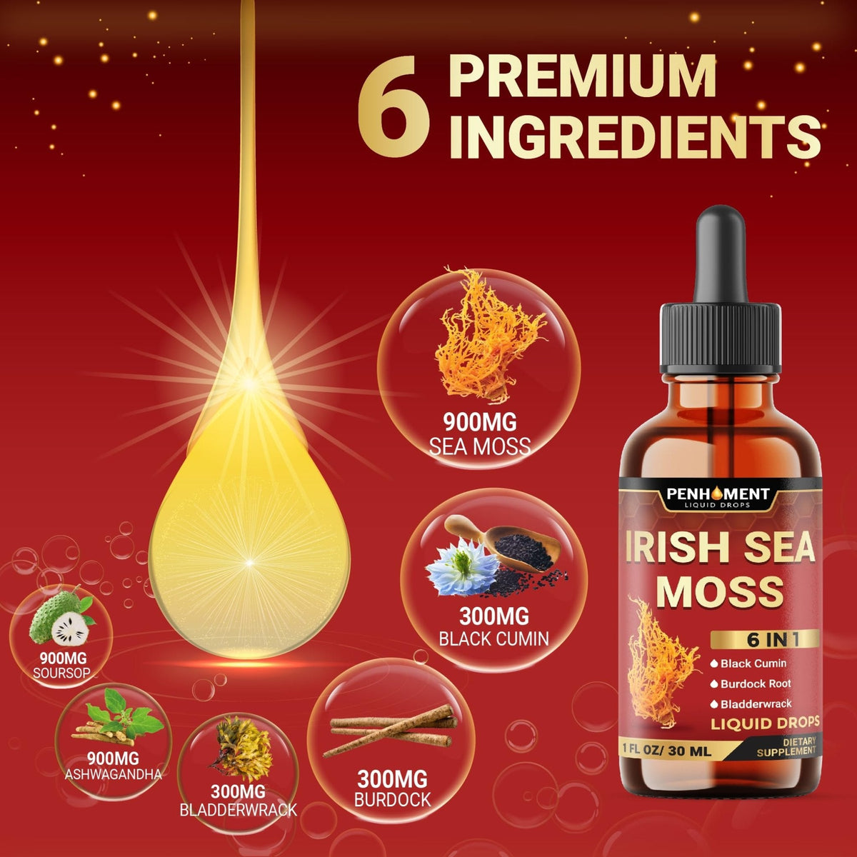 Penhoment 6in1 Sea Moss Drops with Black Seed Oil Irish Seamoss, Ashwagandha, Burdock Root & Bladderwrack - 1FL Oz - 30 Day Supply - Maple Wellness Supplements