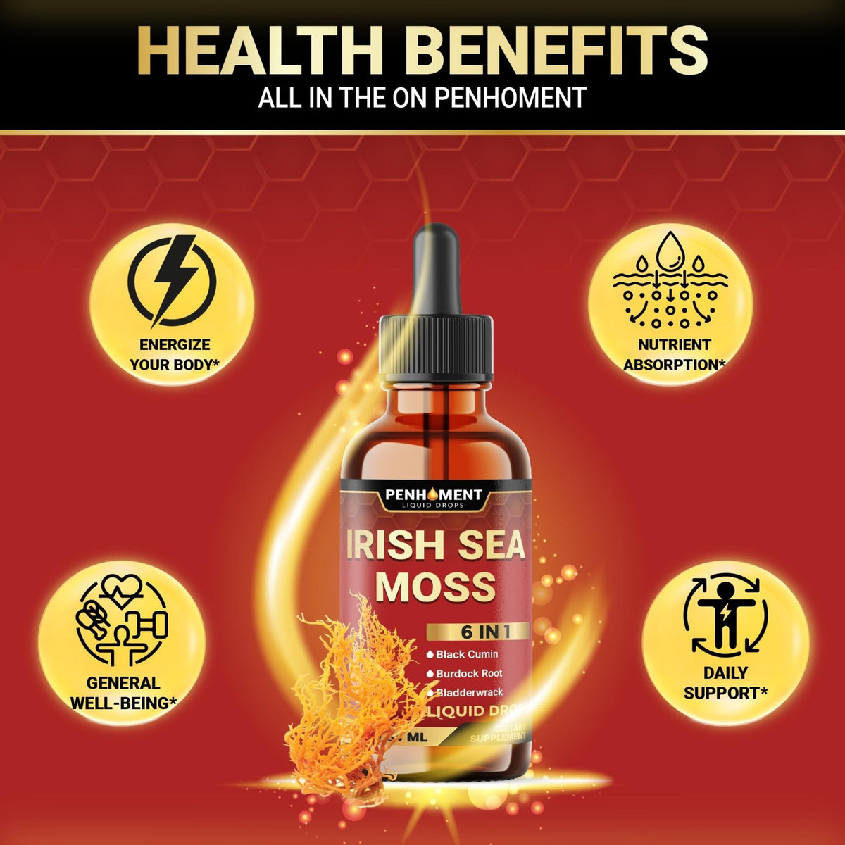 Penhoment 6in1 Sea Moss Drops with Black Seed Oil Irish Seamoss, Ashwagandha, Burdock Root & Bladderwrack - 1FL Oz - 30 Day Supply - Maple Wellness Supplements