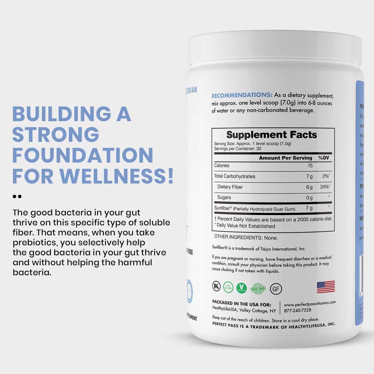 PERFECT PASS Prebiotic PHGG Partially Hydrolyzed Guar Gum 210g Powder - 100% Natural Gluten Free Non GMO - Certified Kosher Vegetarian Sugar Free - Maple Wellness Supplements