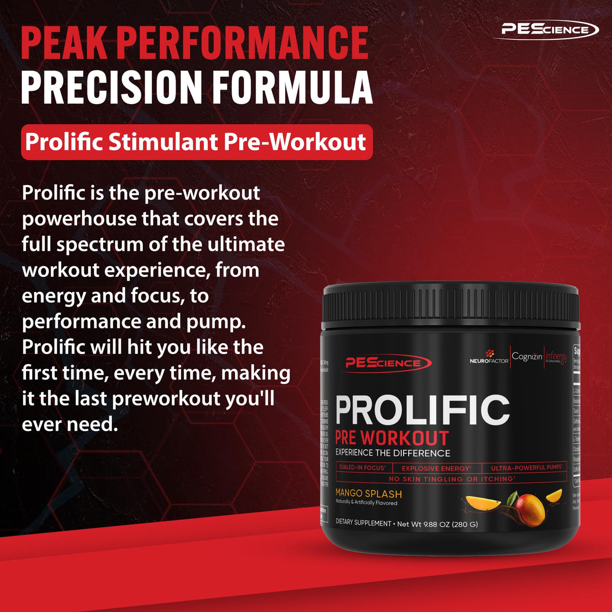 PEScience Prolific Pre Workout Powder for Men & Women with L-Citrulline Nitric Oxide Booster, Energy Powder & Nootropic for Focus – Preworkout Without Beta Alanine – 40 Scoops, Mango Splash - Maple Wellness Supplements