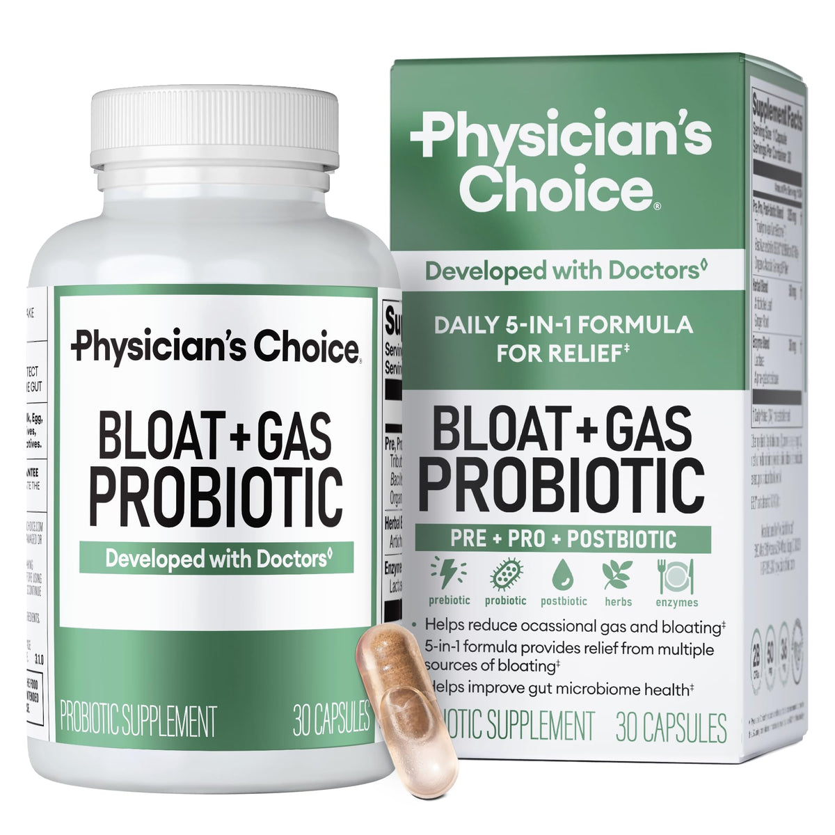 Physician's CHOICE Bloat & Gas Probiotic 5-in-1 Proactive Support + Daily Relief - Digestion & Gut Health- Herbals, Digestive Enzymes, Post & Prebiotics - Maple Wellness Supplements