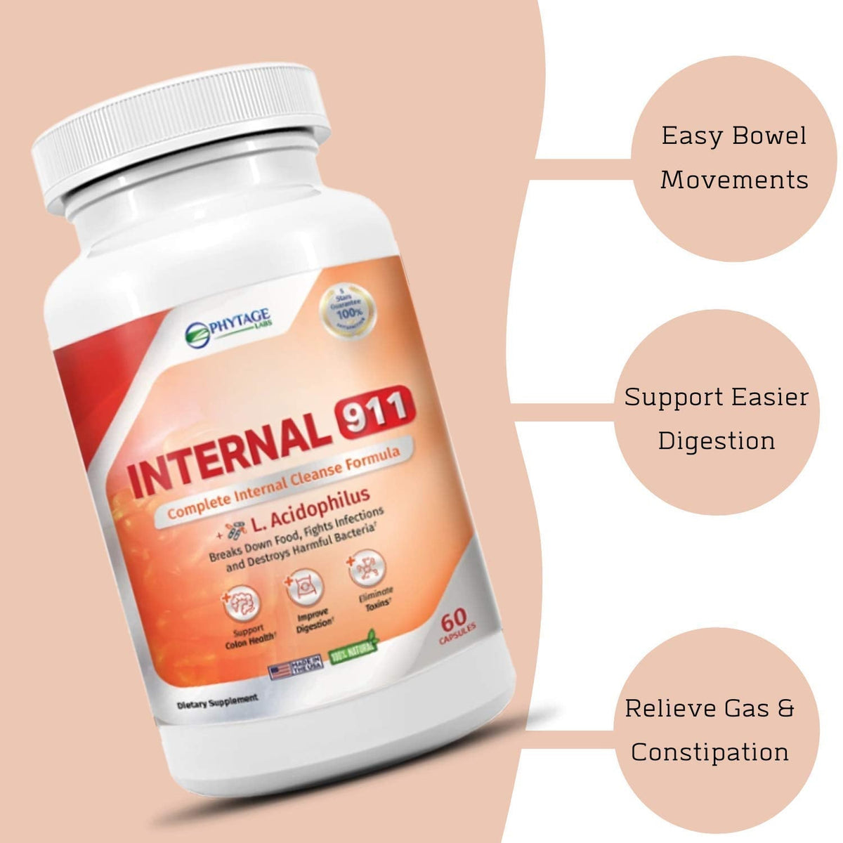 Phytage Labs Internal 911 Colon Cleanse Detox Supplement - Natural Laxative Cleanser Removes Toxins for Better Digestion and Radiant Skin - 60 Capsules - Maple Wellness Supplements