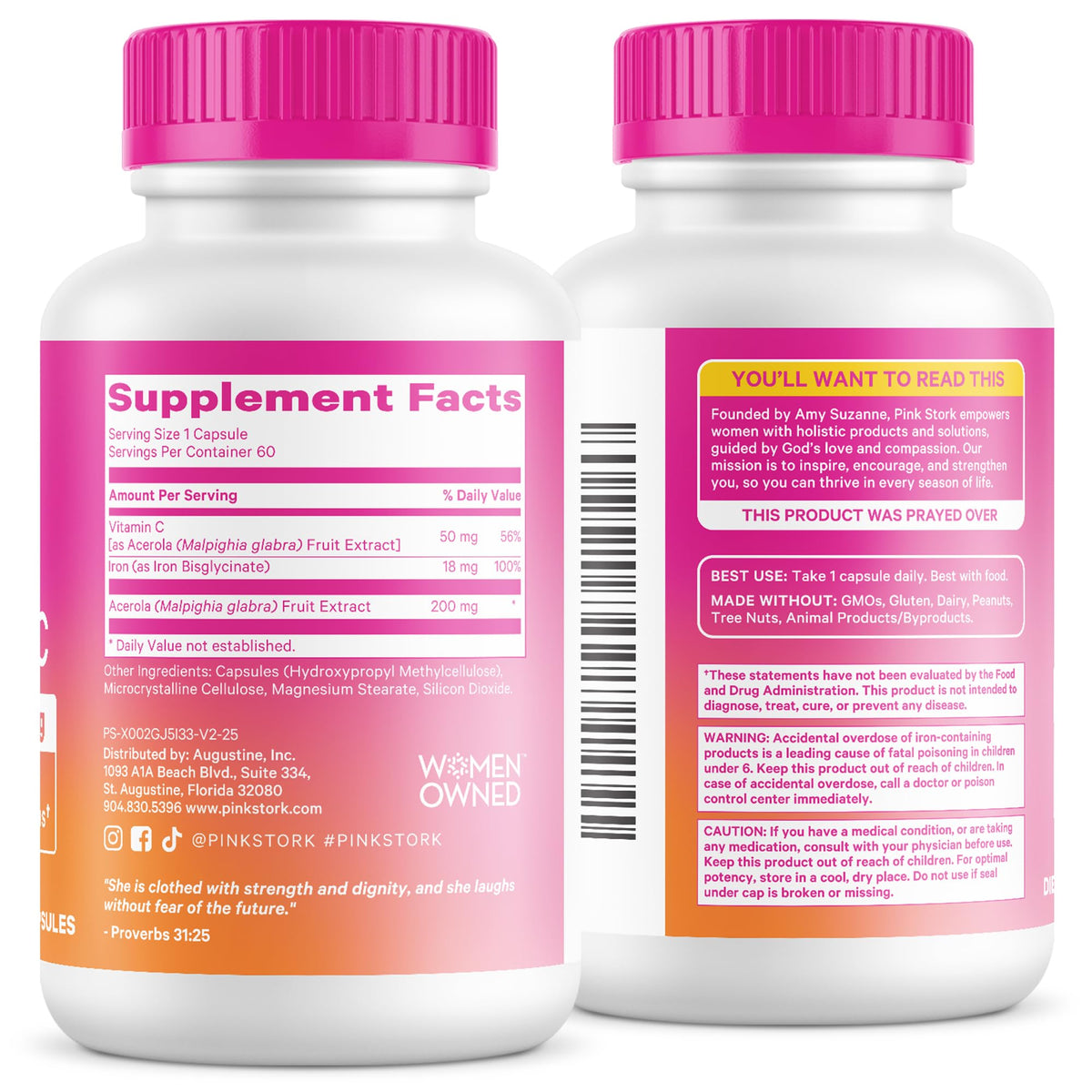 Pink Stork Iron for Women – 18 mg Non-Constipating Iron Bisglycinate + Vitamin C for Optimal Absorption – Energy, Focus, & Oxygen Supply – PMS, Pregnancy, Postpartum & Perimenopause - 60 Capsules - Maple Wellness Supplements