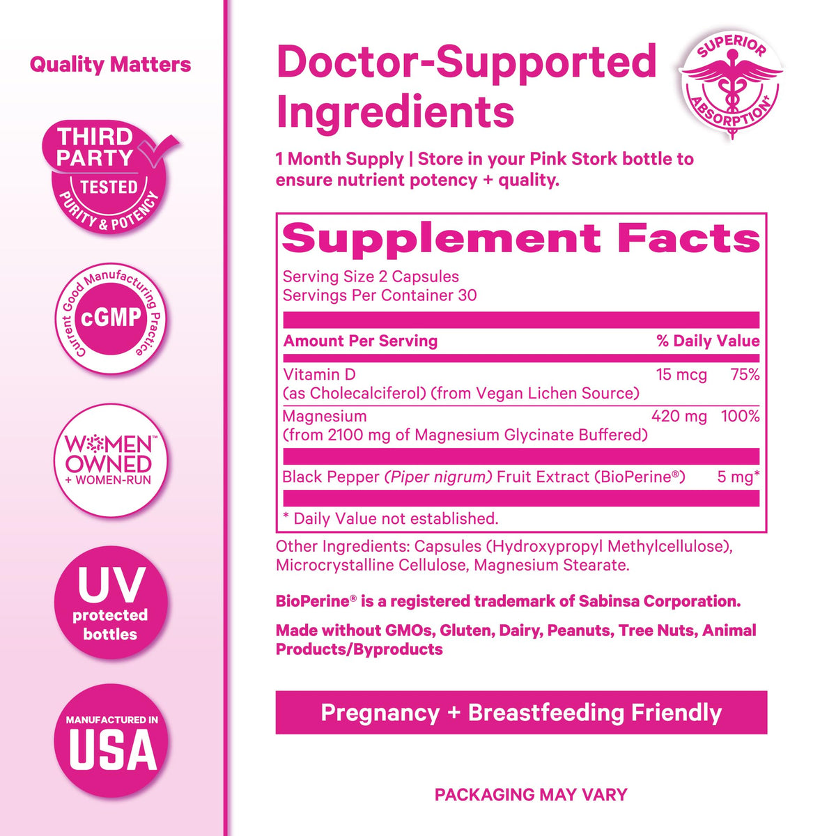 Pink Stork Magnesium Glycinate with Vitamin D - Magnesium Supplement for Women to Support Natural Calm, Mood, and Sleep - Hormone Balance for Women - Maple Wellness Supplements