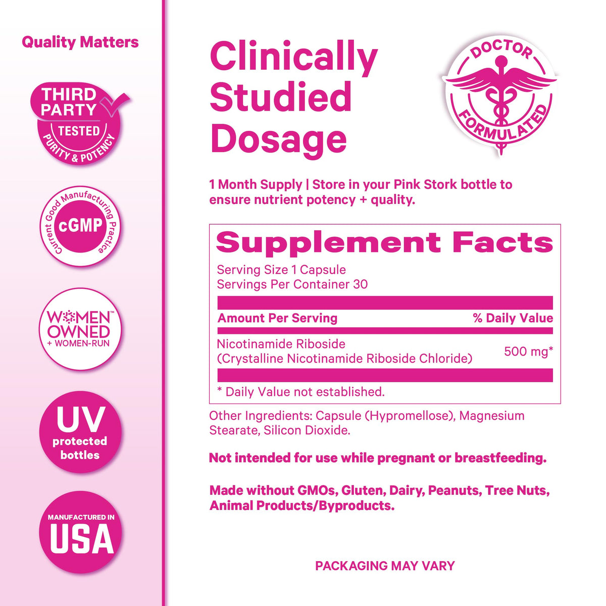 Pink Stork NAD+ Supplement for Women | 500mg Nicotinamide Riboside NR | Clinically-Studied Pure NMN Powder | Brain + Cognitive Support |Energy, Skin Essentials Over 30 | 1 Month Supply - Maple Wellness Supplements