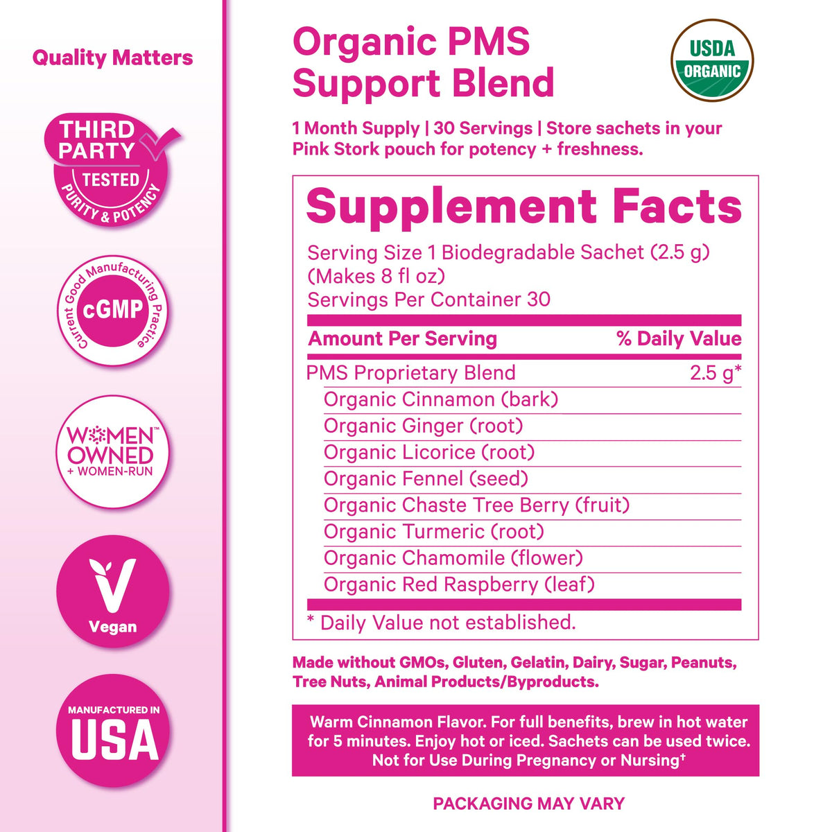 Pink Stork Organic PMS Tea for Hormone Balance, Mood Swings, Bloating, and Period Regularity - 8 Herbs - Vitex, Red Raspberry Leaf, Chamomile - Caffeine-Free - 15 Sachets, Hot or Iced - Maple Wellness Supplements