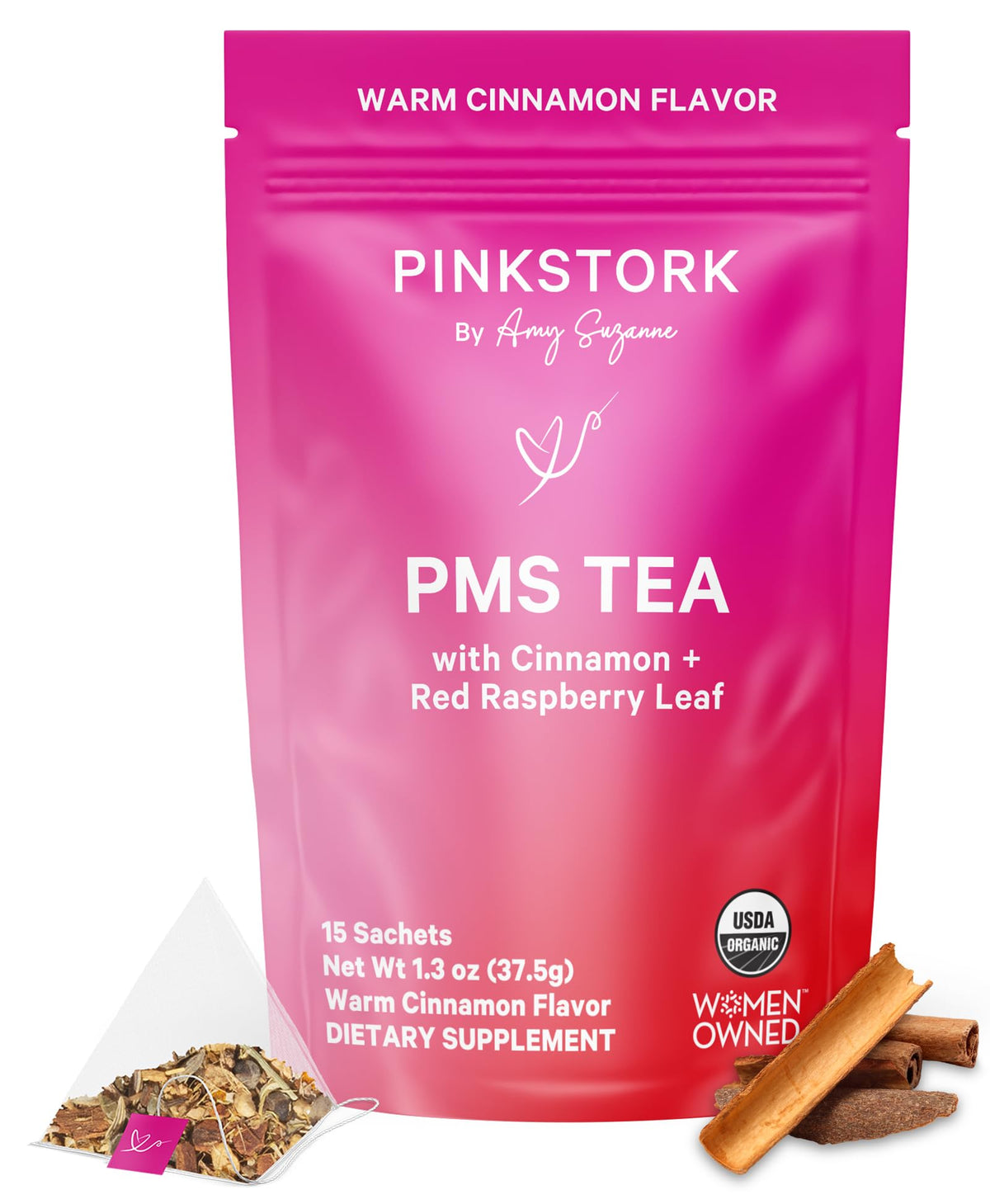 Pink Stork Organic PMS Tea for Hormone Balance, Mood Swings, Bloating, and Period Regularity - 8 Herbs - Vitex, Red Raspberry Leaf, Chamomile - Caffeine-Free - 15 Sachets, Hot or Iced - Maple Wellness Supplements